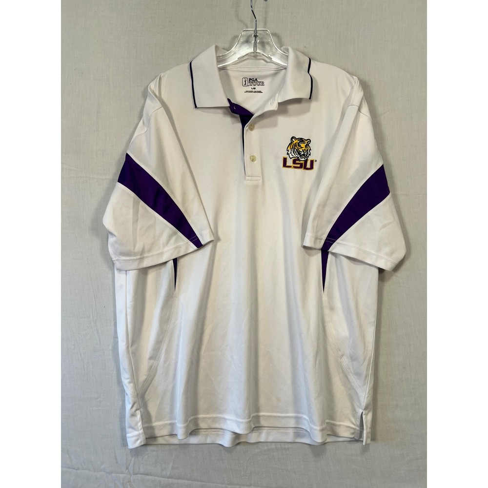 PGA Tour LSU Tigers Mens Large White Purple Short Sleeve Golf Polo Shirt